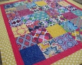 Bright modern lap bed crib patchwork quilt in "Kaleidoscope" fabric blue yellow hot pink teal green mothers day gift springtime