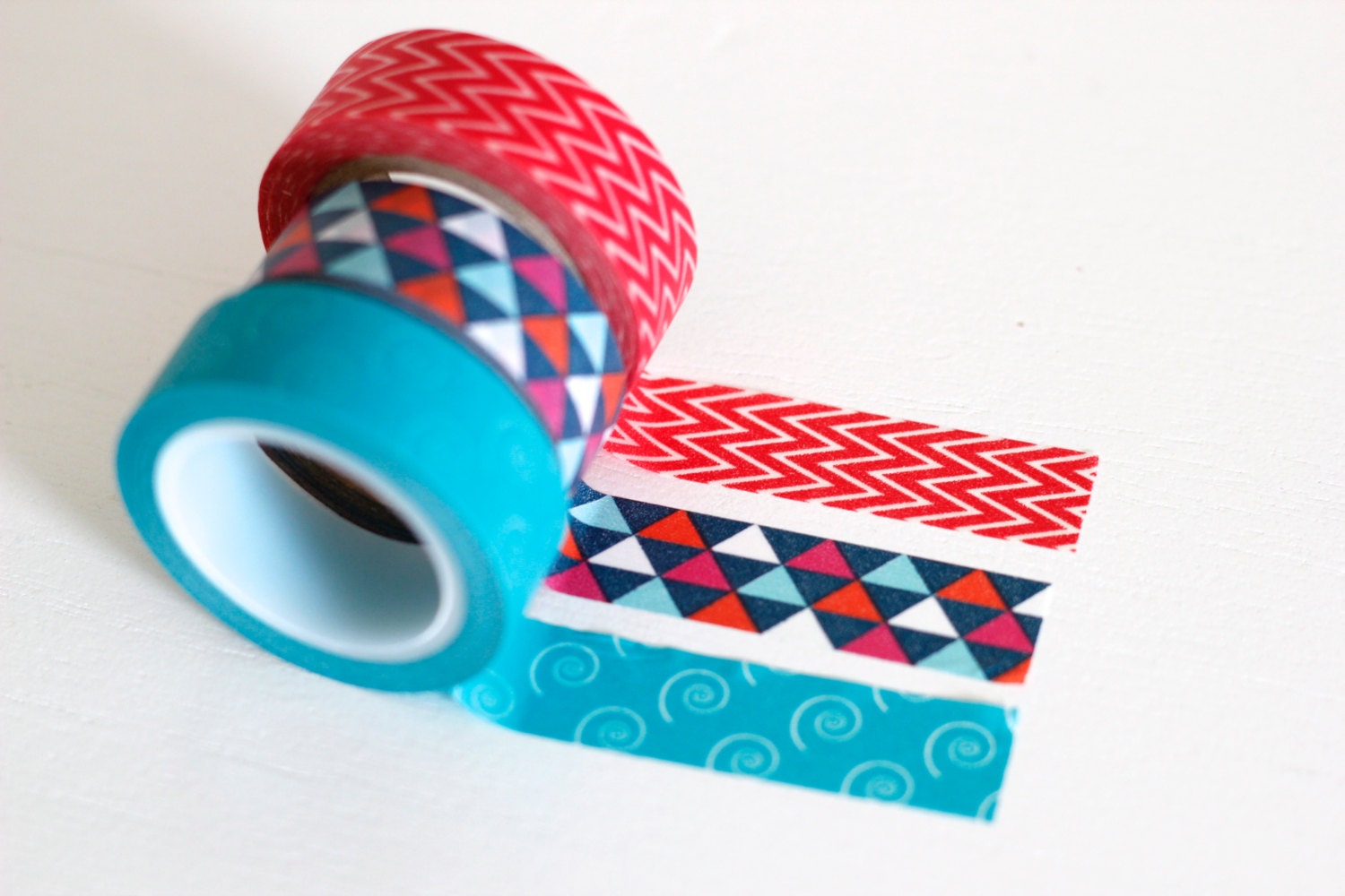 Geometric triangles and chevron washi tape set of 3, navy, aqua, red washi tape Japanese masking tape craft supply