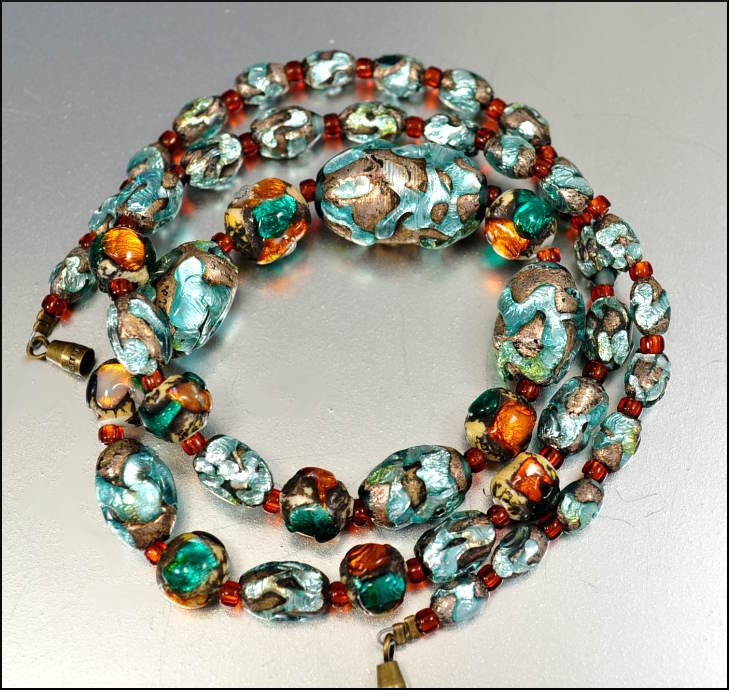 Venetian Foil Glass Bead Art Deco Necklace Graduated Vintage 1920s Art Deco Jewelry