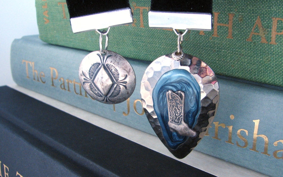 Bookmark Velvet Ribbon Western Boot Silver Blue Upcycled Free US Shipping