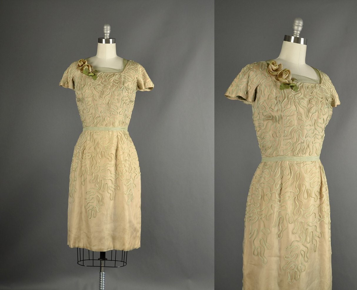 Vintage 1950s Dress / 50s Dress / 1950s silk absinthe green dress