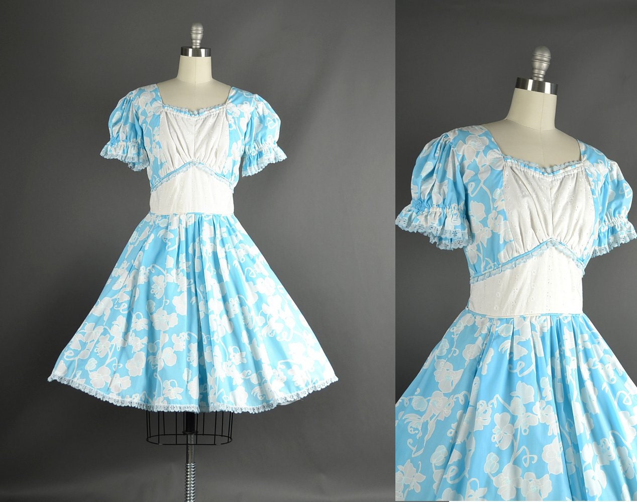 Vintage 1970s Dress full skirt eyelet lace cotton floral hawaiian day dress XL