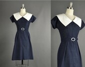 25% Off Sale Vintage 1940s Dress, 40s Dress shantung silk day dress navy blue white nautical