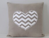 Chevron Heart Pillow Cover - Cushion Cover- White ink on Natural Beige Linen - 16 x 16 inches