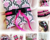 Madison Damask Wedding Pillow, Basket, Candles, Garters, Guest Book, Pen, Glasses, Cake Set, 15Pc Hot Pink Black Wedding Ceremony Decor