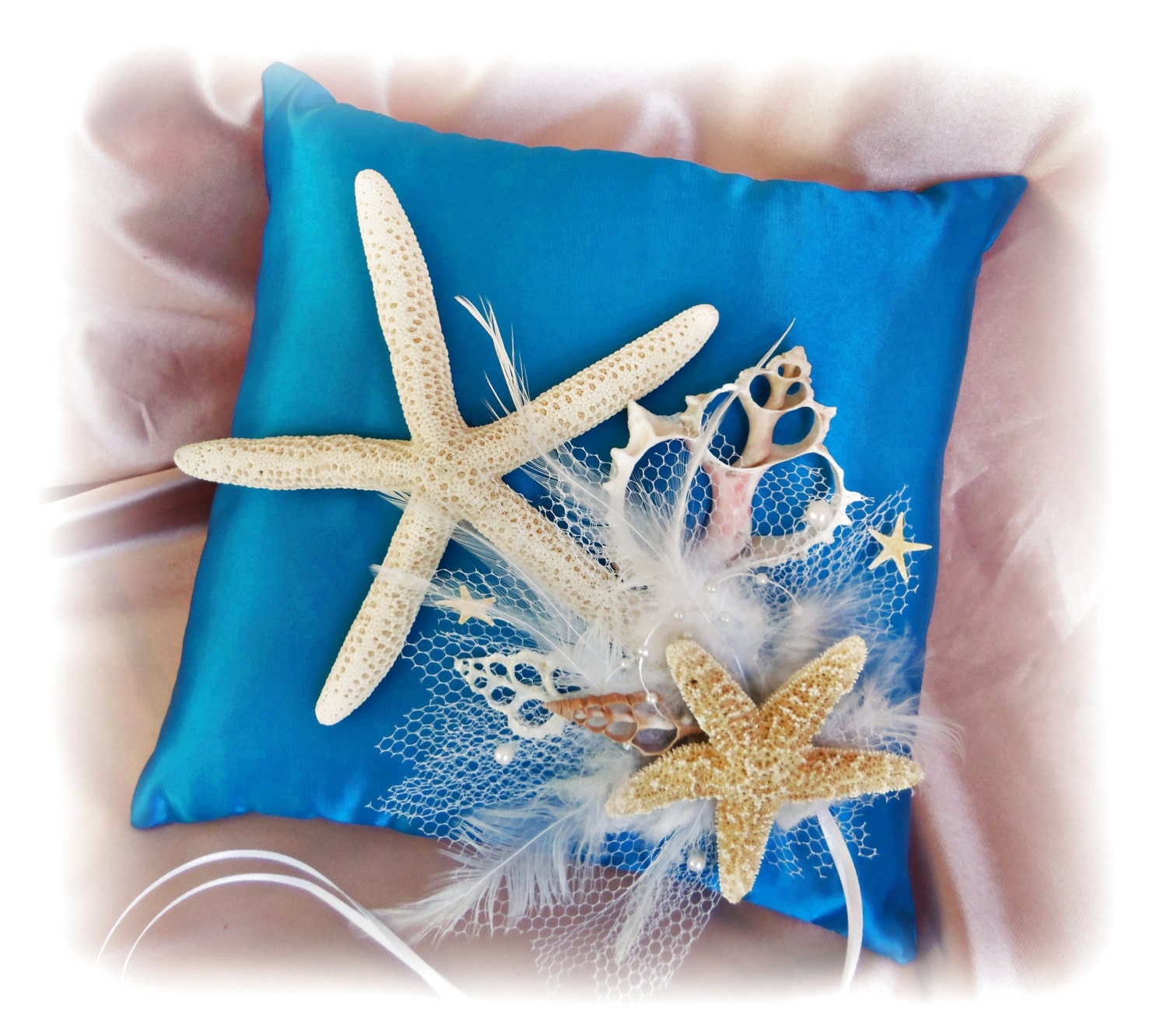 Starfish Beach Wedding Ring Bearer Pillow - Turquoise Starfish Seashell Pillow - Beach Weddings Ceremony Decor