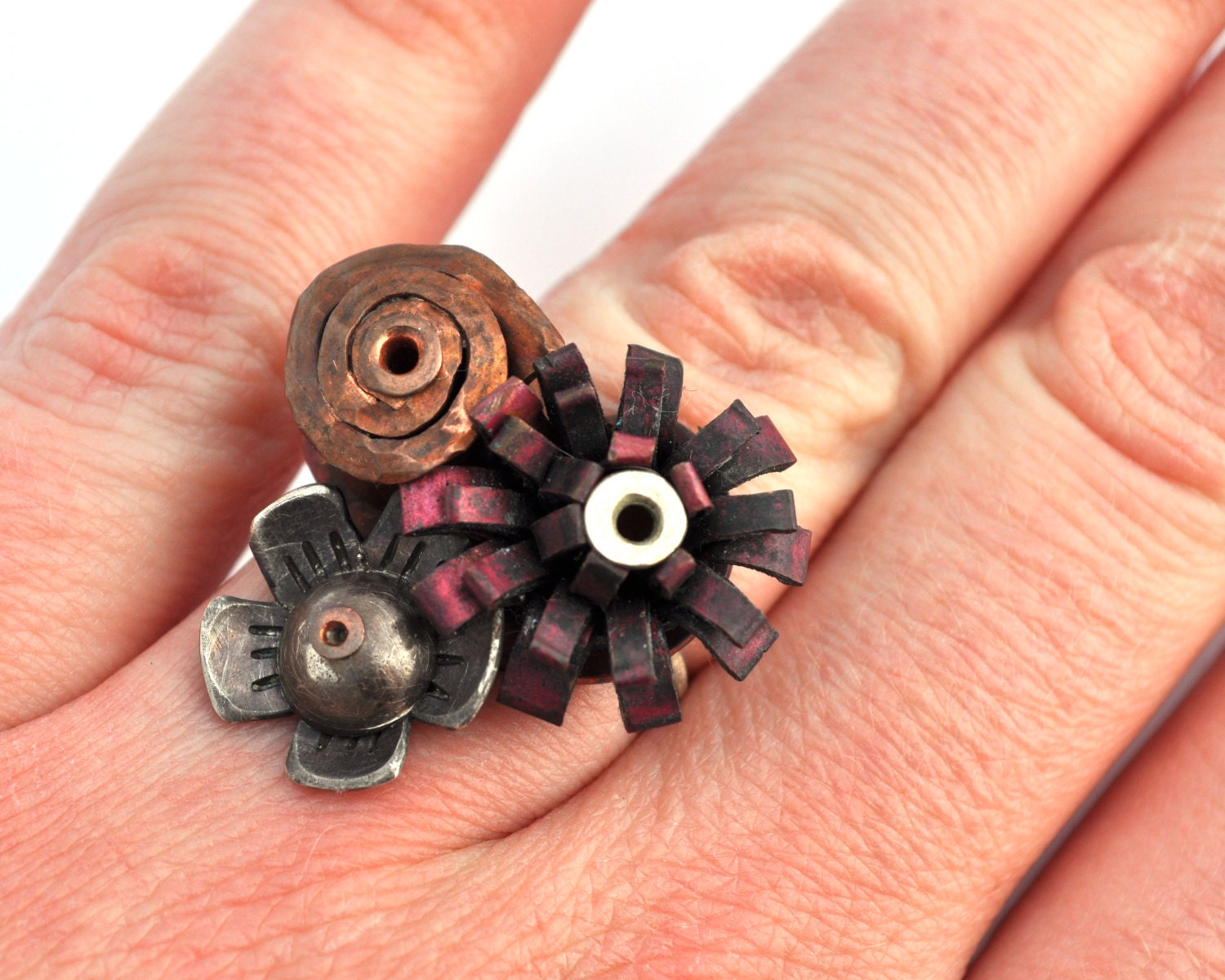 Copper and Silver Flower Ring with Sterling Silver Band Size 8 Mixed Metals