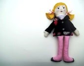 Handmade Cloth Doll, Blond Ponytails, Pink and Black
