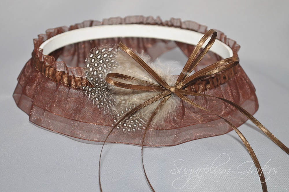 Wedding Garter in Chocolate Brown with Guinea Feathers