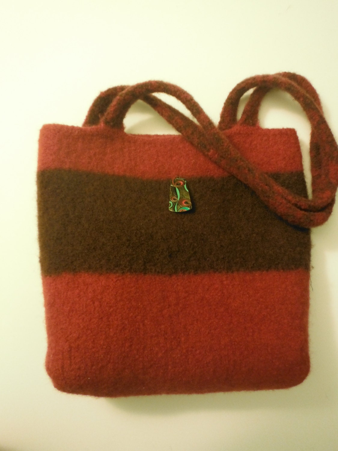 Felted bag (purse)- brown and red, hand-made, fabric lining and pendant