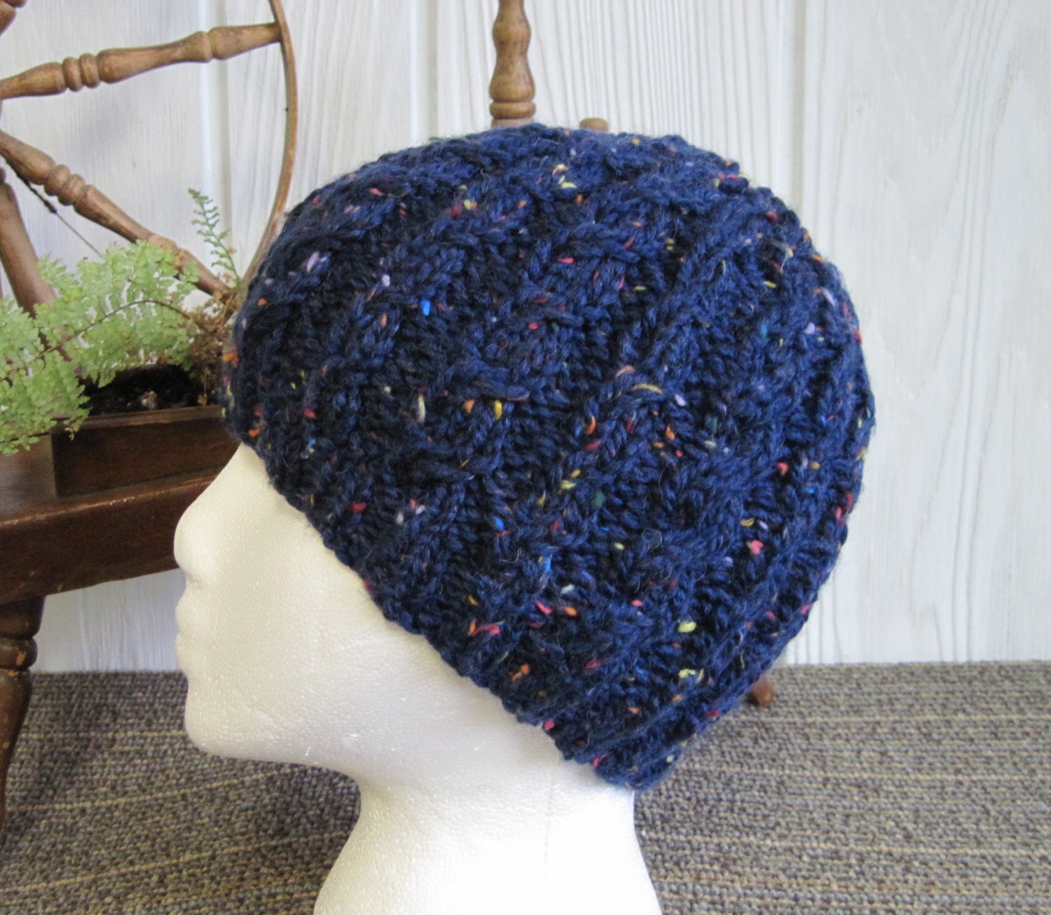 Adult Cabled Beanie. Wool Acrylic Blend Tweed Yarn. Navy Blue. Monaco Blue.