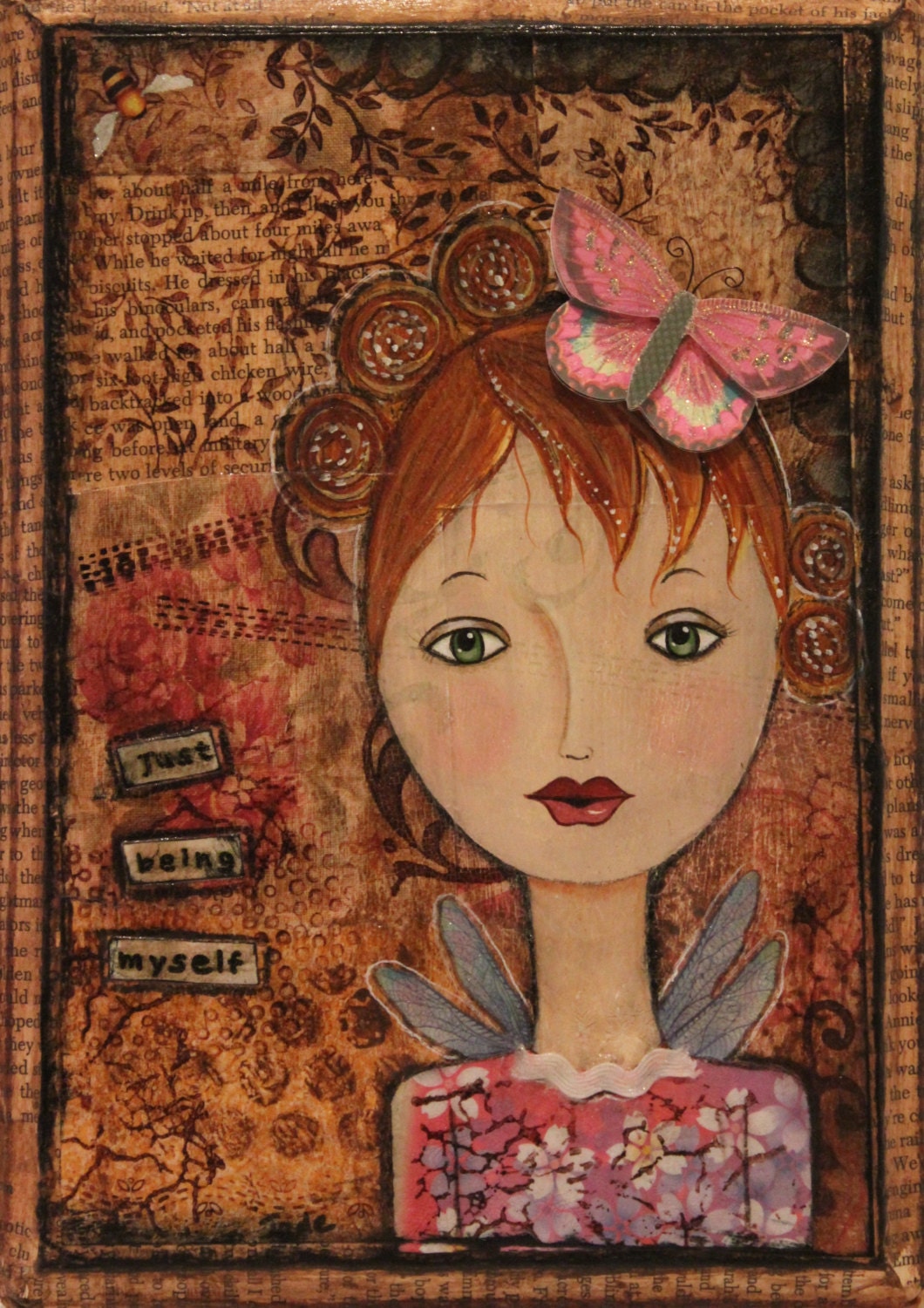 Gemstone Magic Fine Art Print of Mixed Media Painting "Just Being Myself" Whimsical Girl with Bee, Dragonfly and Gemstone Crystal paints