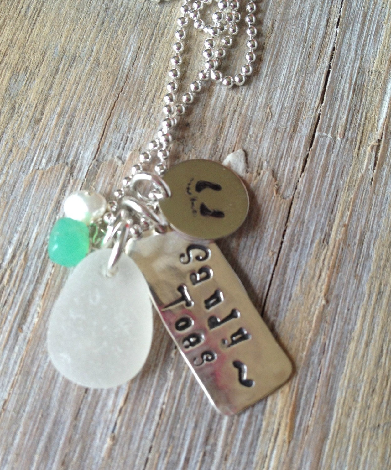 Sea Glass Necklace with  Hand Stamped Silver Tags Sandy Toes and Bare Feet Charms Sterling Silver