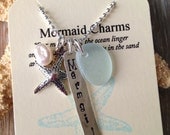 Sea Glass Necklace with Starfish Charm and Hand Stamped Mermaid Tag