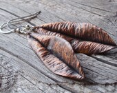 rustic artisan hammered copper sage leaf earrings with sterling silver - organic mixed metal jewelry - metalwork - copper jewelry