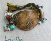 A Walk in my Garden   mixed media art  bracelet  with ceramic wood lampwork  turquoise Czech glass and silk