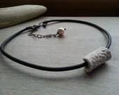 Simply Feminine  art necklace with  leather  porcelain and  BIG  pearl
