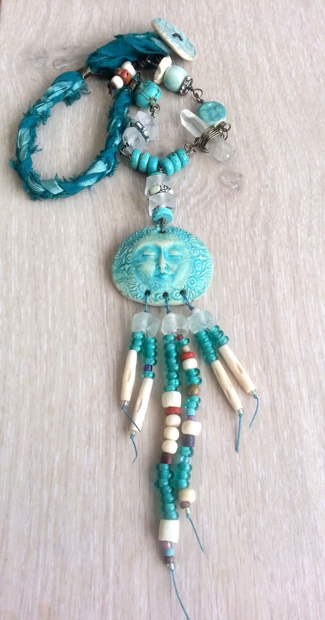 Sea Goddess mixed media Art  Healing necklace with faces crystal   stones and bones  ooak