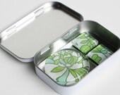 Amy Butler Glass Magnet Set with Tin- Green and White Flowers