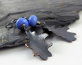 Mixed metal and Blue lampwork Dangle Leaf earrings  - Free Falling -