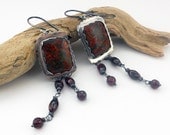 Sterling silver Long Dangle earrings with Picasso Jasper and garnet - From the Harvest -