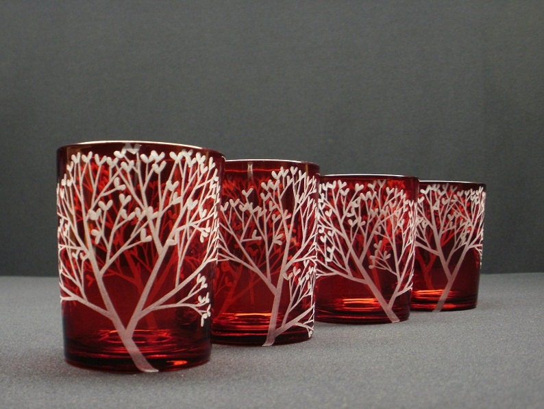 READY TO SHIP Four Red Candle Holders Colored Glass 'Tree Of Love' Hand Engraved Wedding Decor