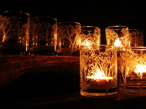 12 Candle Holders . Tree of Love . 1 Dozen Glass Votive Holders . Hand Engraved Wedding Decor . Take 15% OFF At Checkout