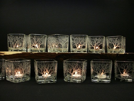 12 Glass Cube Tree Candle Holders . 'Reaching Branches' . Hand Engraved Wedding Decor . Woodland Decoration .Take 15% OFF At Checkout