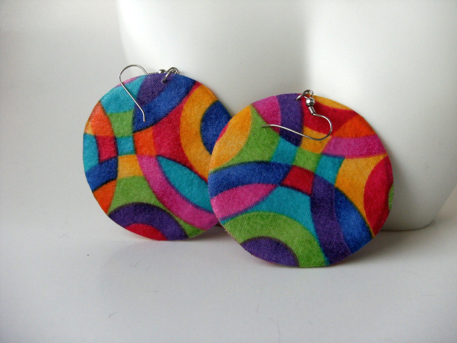 rainbow colored circle print fabric earrings medium size