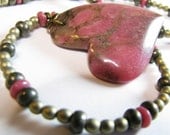 Pink Thulite Heart Pendant & Gemstone Necklace -Pink Rhodonite, Pyrite, Antique Gold, Gold Vermeil Toggle Clasp