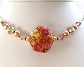 Mother's Day Necklace, Peach, Rose, Pink, Yellow - SRA Artisan Sculptured Lampwork Glass Flower, Swarovski Elements, Sterling Silver