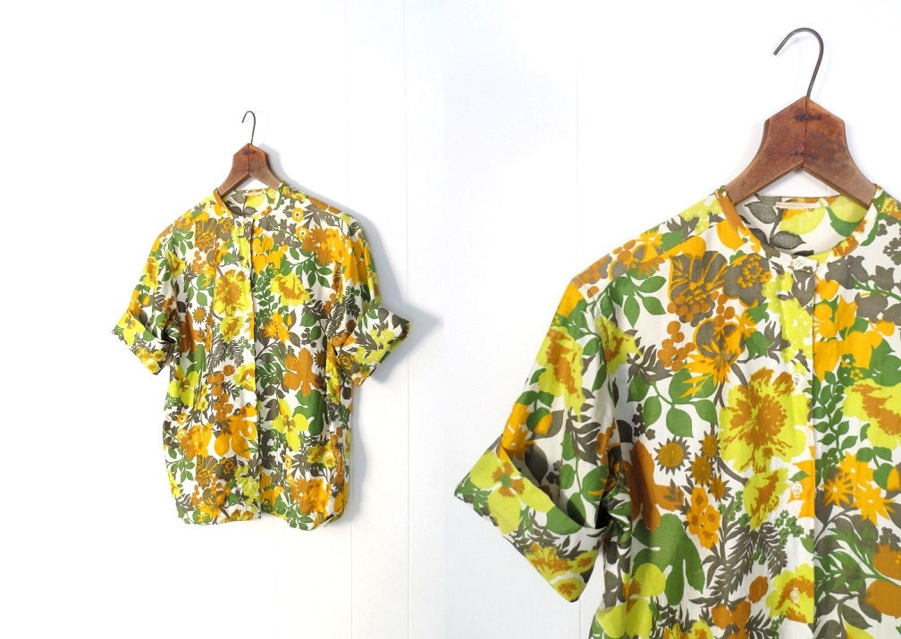 Vintage 1960s Blouse / Floral Print Blouse / 60s Blouse / Summer Garden / Large L