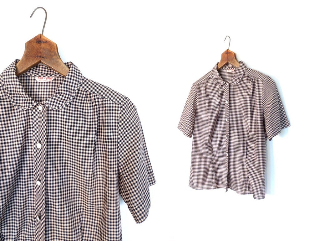 Vintage 1940s Blouse / Gingham Blouse / 40s Blouse / Pink and Black / Large L