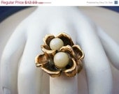 Summer Sale Vintage Gold Flower Pearl Ring Adjustable band