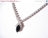 Summer Sale Vintage Silver Onyx and Rhinestone Necklace Mad Men Style 1950s