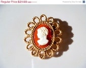 Summer Sale Vintage Gold toned Cameo Orange and White