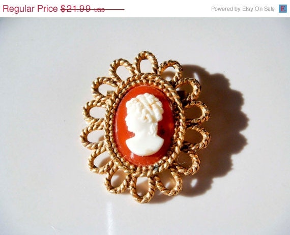 Summer Sale Vintage Gold toned Cameo Orange and White