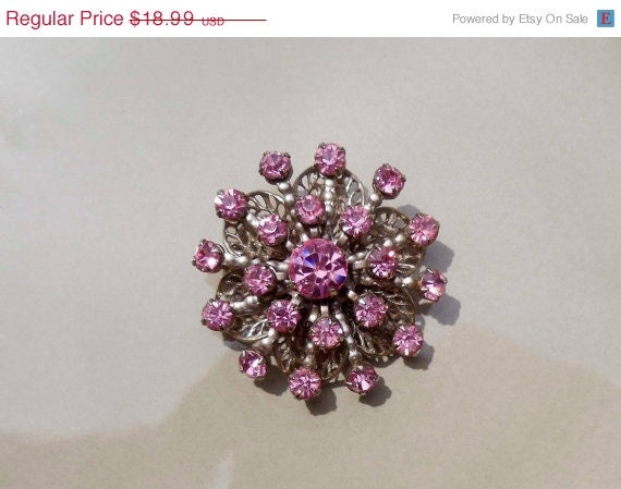 Summer Sale Vintage Pink rhinestone brooch Tourmaline gold