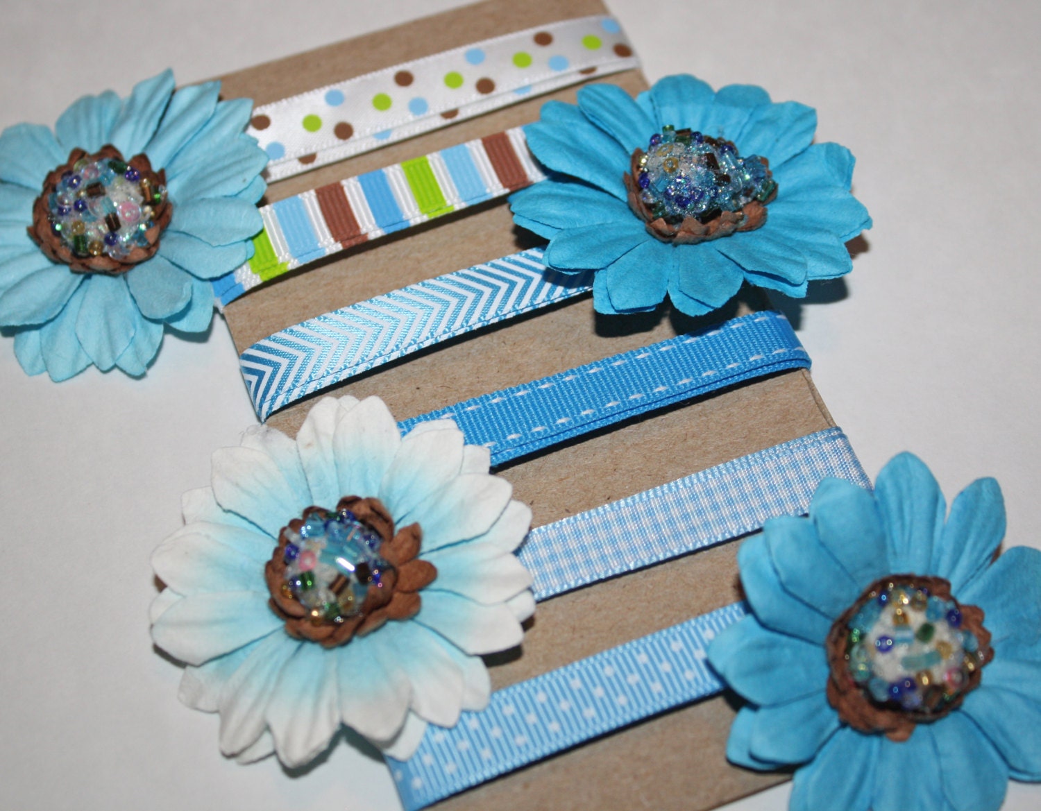 Blue Ribbon and Flower Set, Scrapbooking Embellishments, For Pages and Cards, Boy