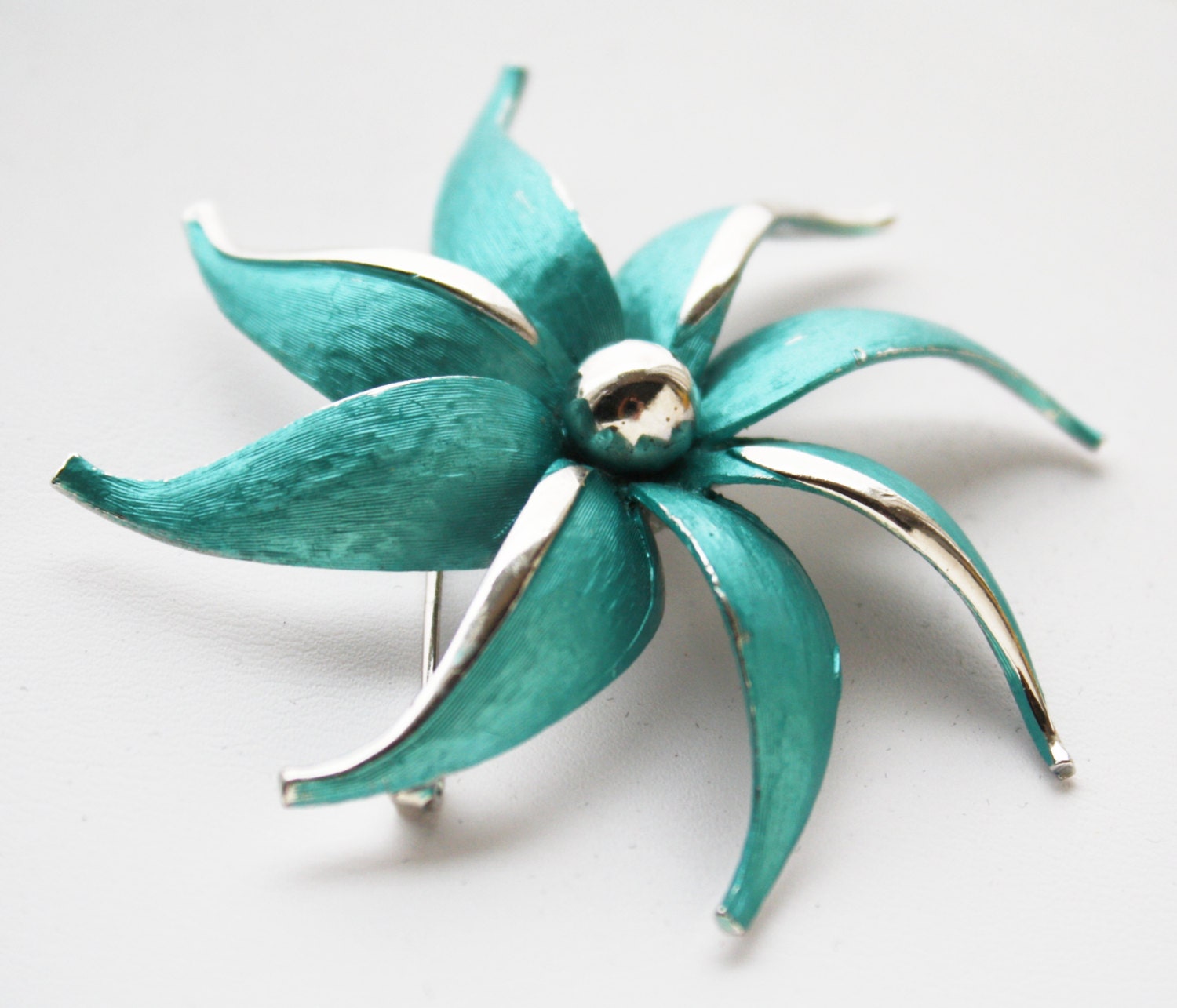 Park Lane Enamel Brooch Flower Pin Turquoise Aqua Teal Silver Vintage