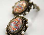 Confetti Earrings Vintage Clip On with Antique Gold & Pearls