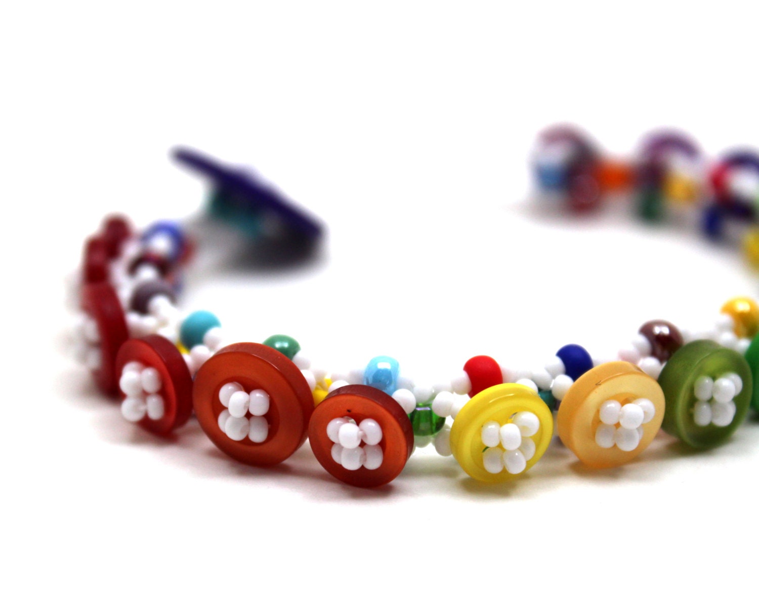 Beaded Bracelet - Button Embellished - Rainbow Bright Colorful Multicolored by randomcreative on Etsy