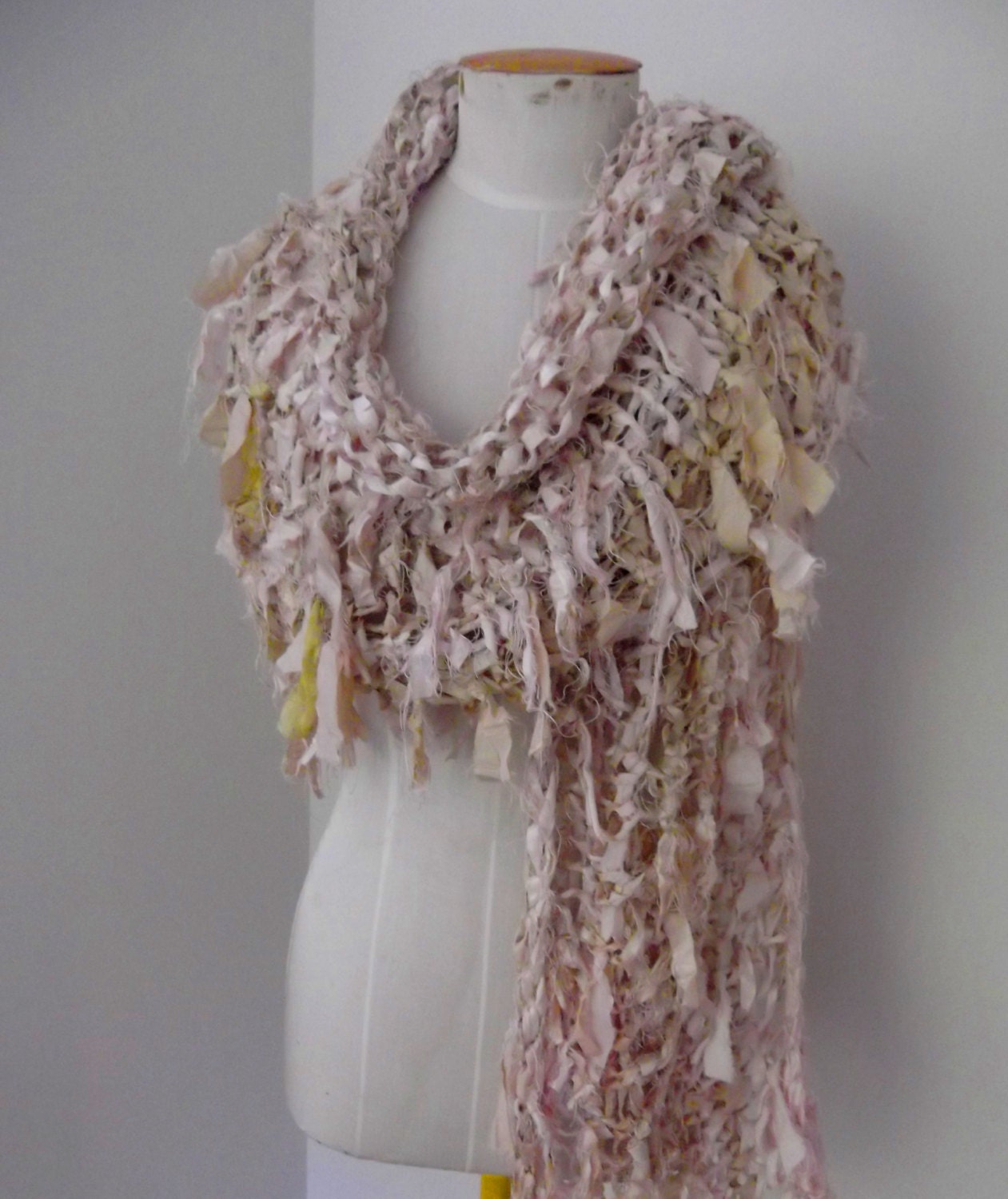 Raggy Distressed Vintage Look Boho Recycled Soft Sari Silk  Cream Scarf