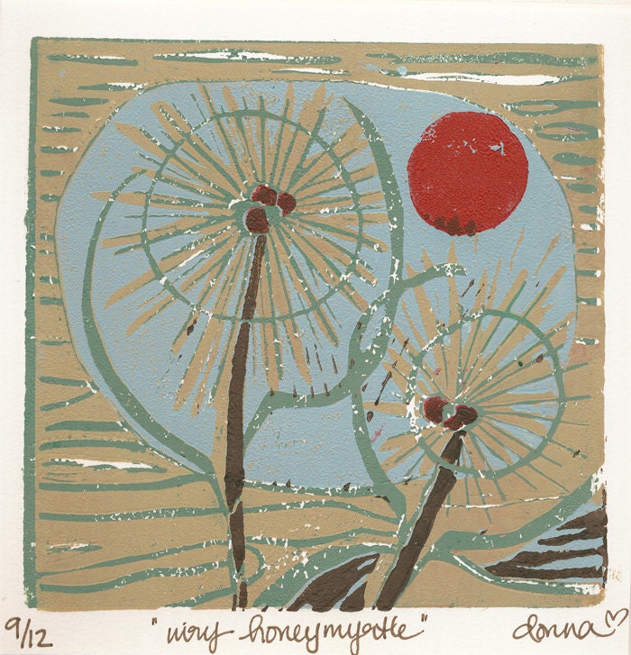 Original Lino Reduction Print by Donna Heart titled Wiry Honemyrtle