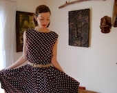 Polka Dot Dress Vintage Brown Polka Dot Garden Party Day Dress (m l)