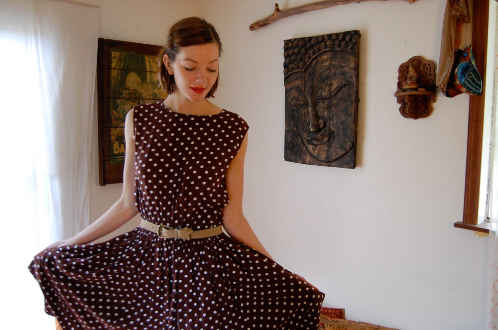 Polka Dot Dress Vintage Brown Polka Dot Garden Party Day Dress (m l)