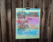 beach houses and palm trees silkscreen print "Cliffhanger" in aqua, purple, orange and mint (8x10)