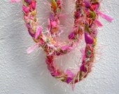 tulip garden. crochet long skinny scarf lariat belt fiber necklace . hot pink coral red green . boho gypsy spring fashion summer accessories