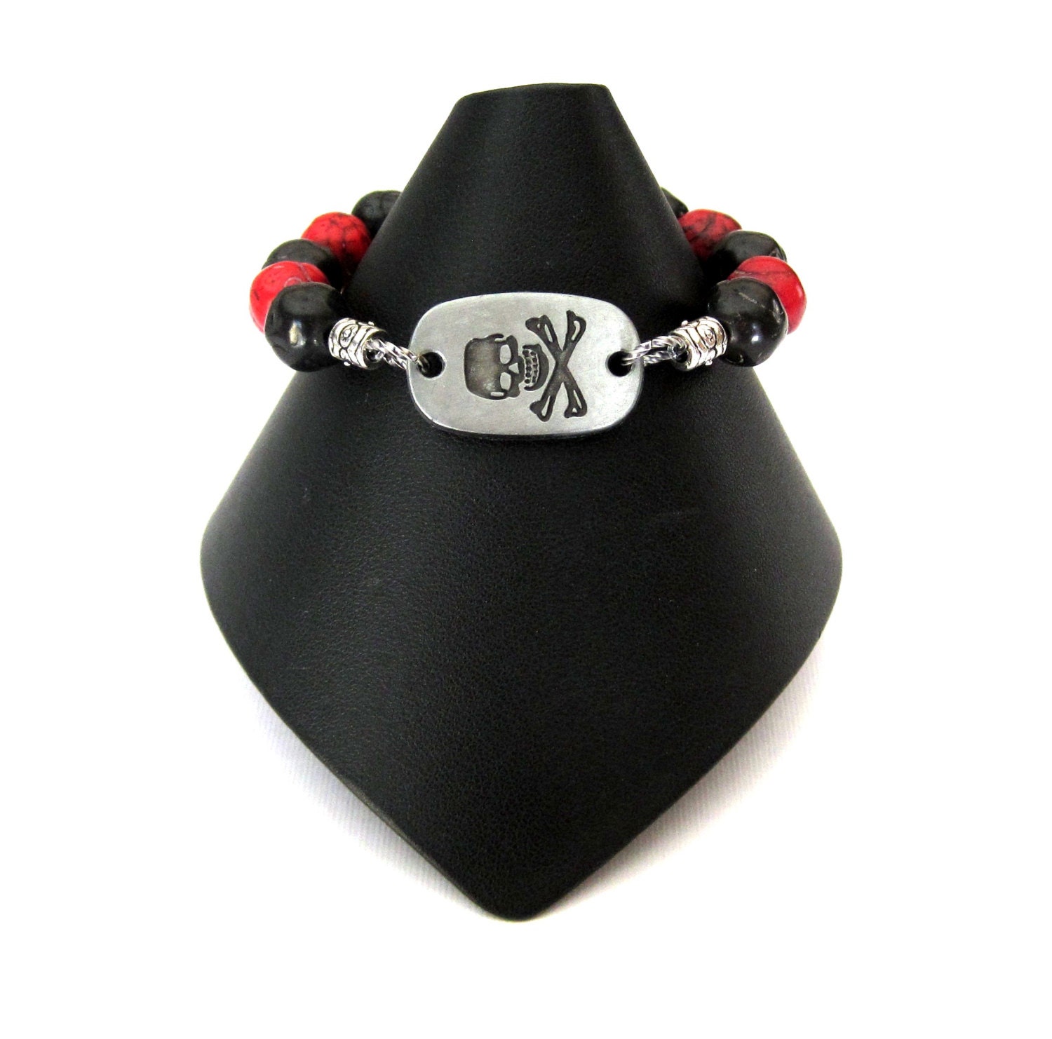 Skull and Crossbones Stretch Stack Bracelet gunmetal with red and black dyed turquoise beads