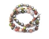 Winged Heart Stretch Stack Bracelet with pink lepidolite beads and grey Swarovski pearls Set of 3